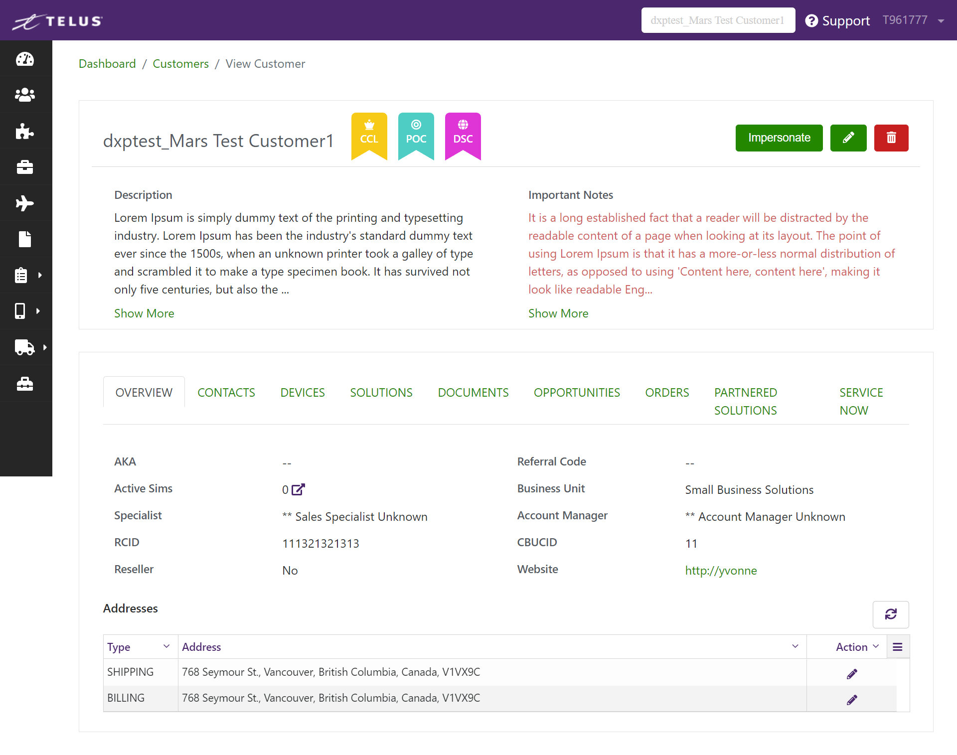 Screenshot of customer management